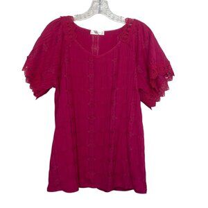 Retrology Short Sleeve Shirt Top Womens Medium Pink New WOT Lace Trim